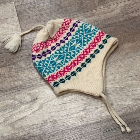 Vintage 70s  Meister Nordic Alpine 100% Wool Colorful Winter Pom Pom Hat Toque - Picture 11 of 11